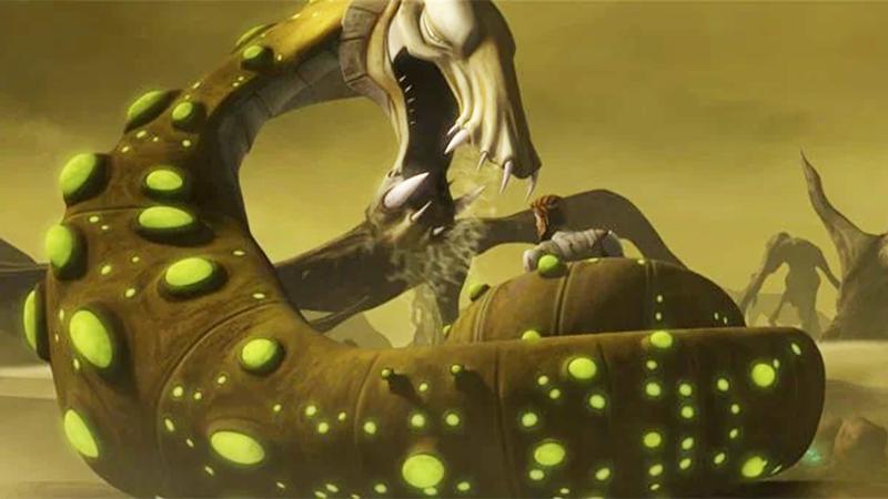 A dragonsnake holding Obi-Wan Kenobi with its tail in The Clone Wars.