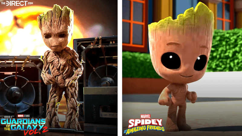 Baby Groot in Guardians of the Galaxy vs. Meet Spidey and his amazing friends.