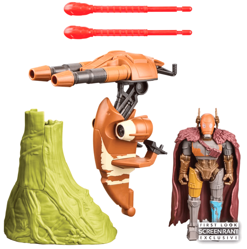 Hasbro's STAP speeder bike, orange in color alongside mercenary droid.