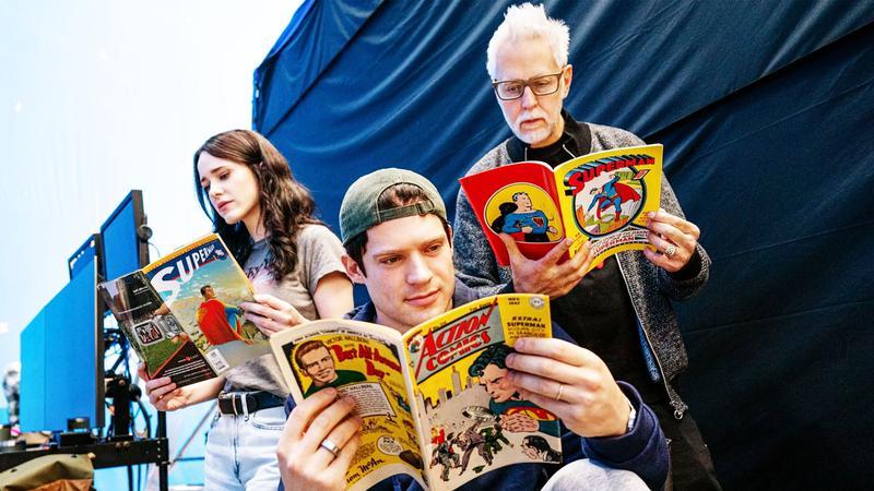 Rachel Brosnahan, David Corenswet and James Gunn behind the scenes of Superman.