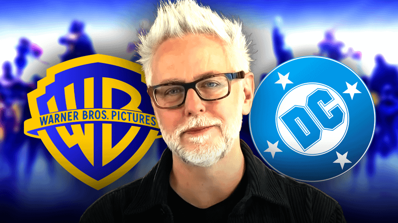 James Gunn next to the Warner Bros. and DC logos