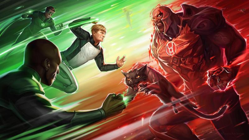 Guy Gardner and other Green Lanterns fighting Atrocitus.