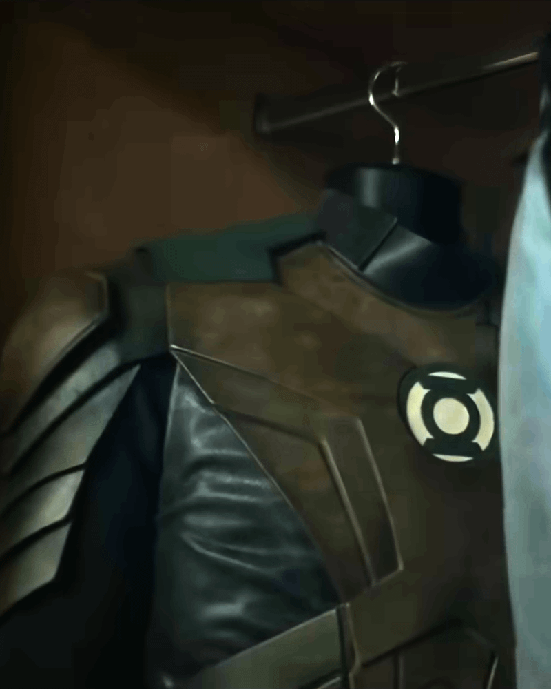 DCU Hal Jordan Green Lantern suit on coat hanger.