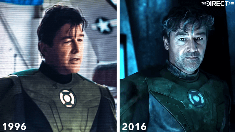 Kyle Chandler Hal Jordan in Green Lantern suit in modern day vs 1996 flashback.