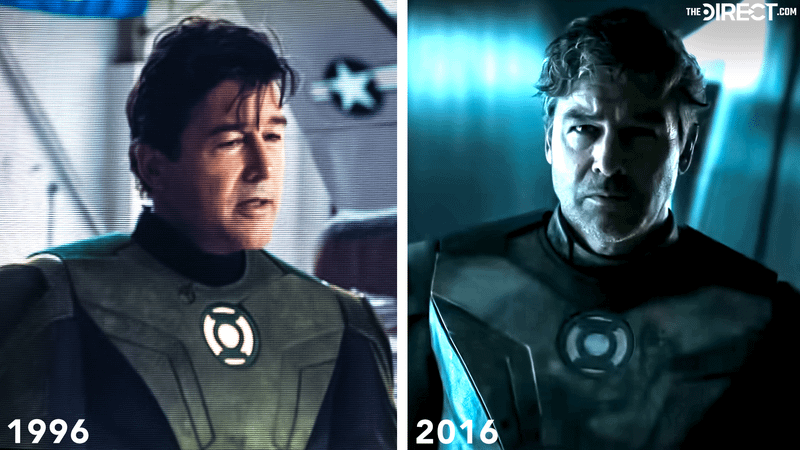 Kyle Chandler Hal Jordan in Green Lantern suit in modern day vs 1996 flashback.