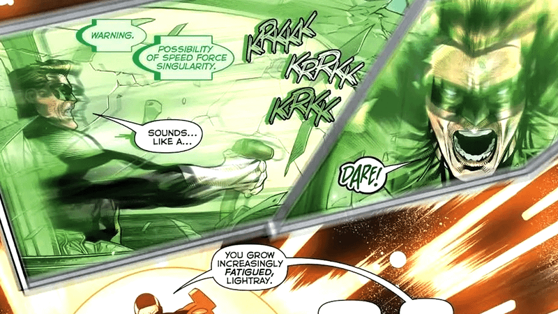 Hal Jordan flying with a jet construct.