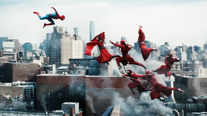 Spider-Man fighting the Hand in New York skyline.