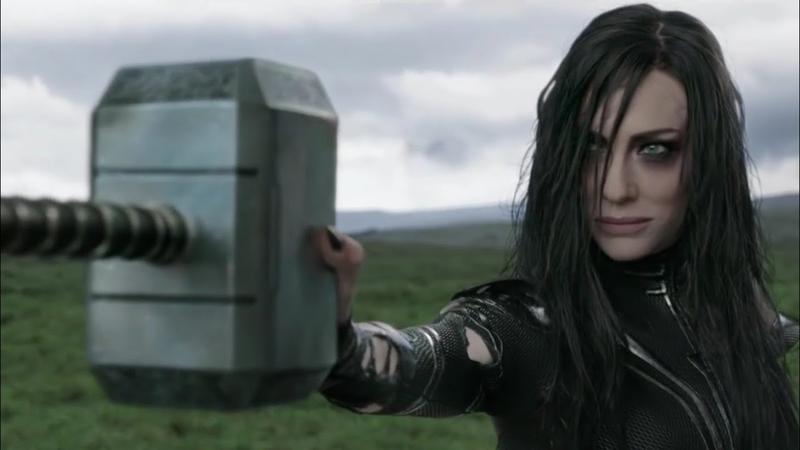 Hela holding Mjolnir in Thor: Ragnarok.
