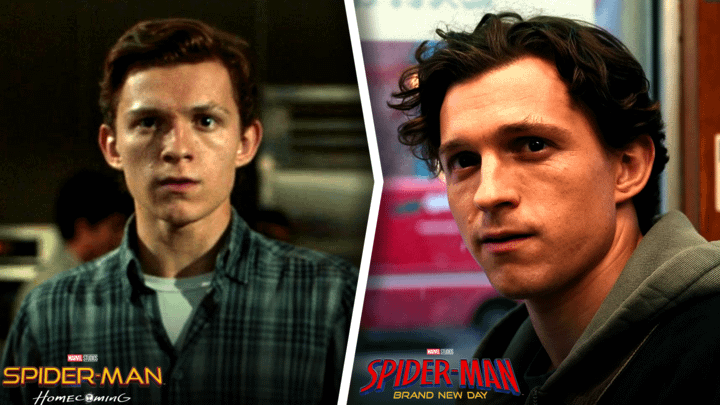 Tom Holland as Peter Parker in Spider-Man: Homecoming on the left and in Spider-Man: Brand New Day on the right.