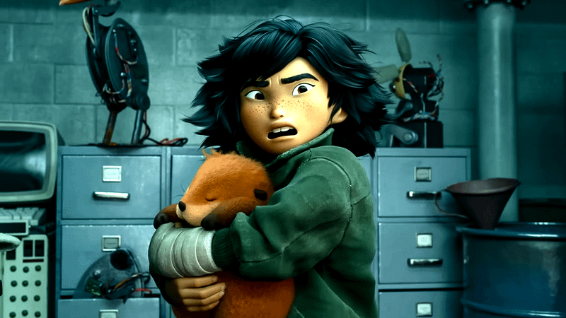 Mabel Tanaka hugging a beaver in Hoppers.