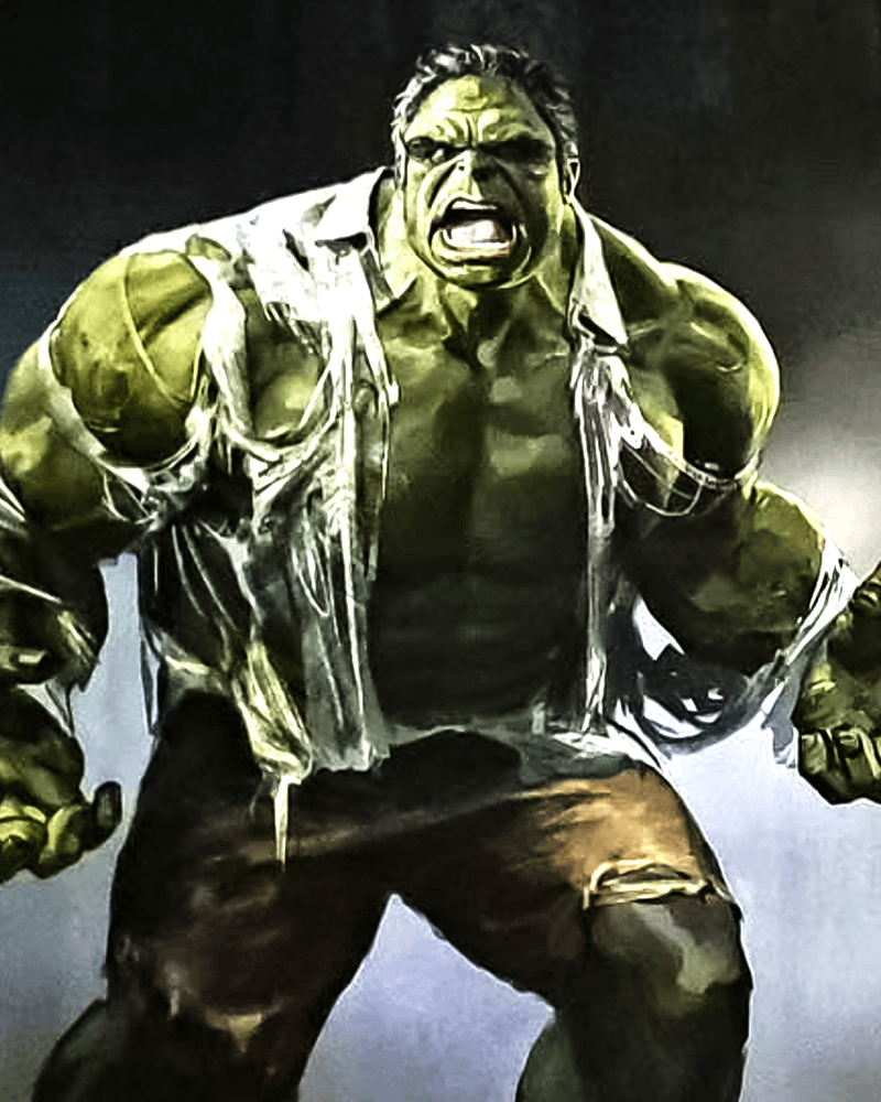 A green Hulk ripping through his shirt.