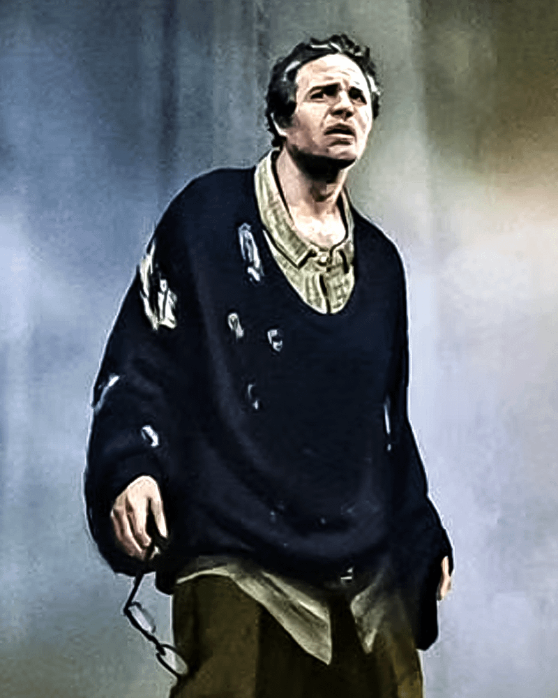 A frightened Bruce Banner with torn clothes.