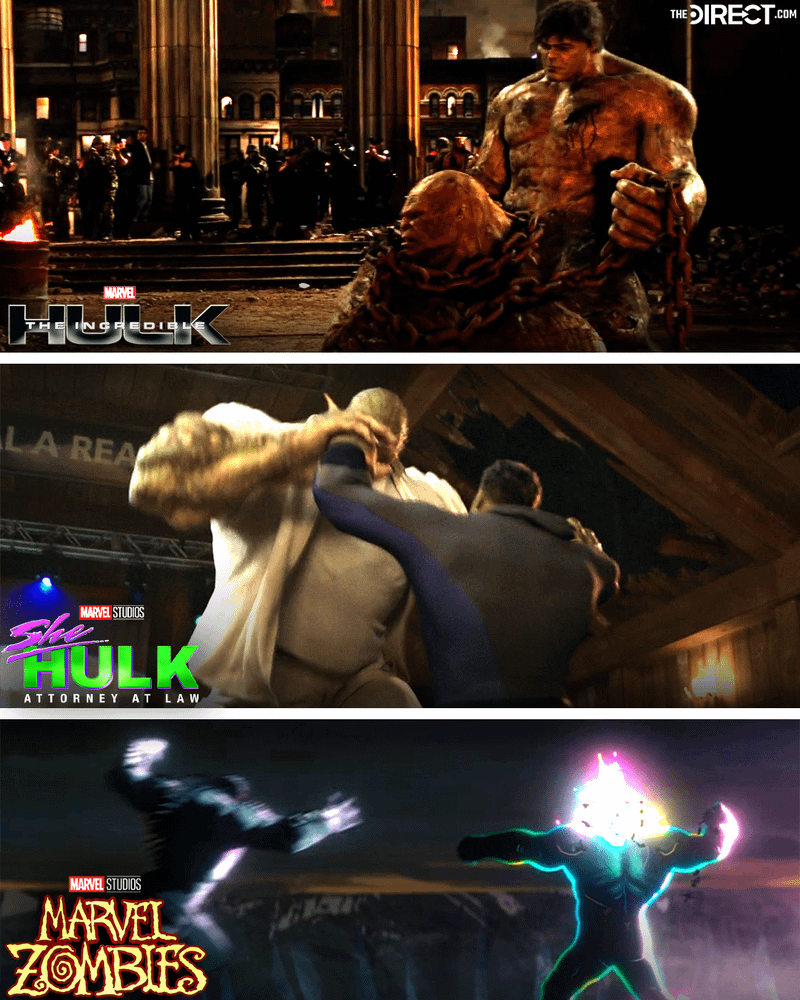 A combination of three images featuring three Hulk/Abomination fights from The Incredible Hulk, She-Hulk, and Marvel Zombies