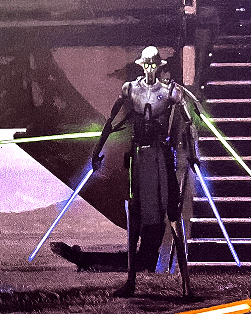 Concept art of Huyang holding four lightsabers.