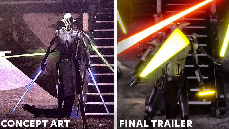Concept art of Huyang holding four lightsabers on the left and Huyang holding a four lightsabers in the Ahsoka trailer on the right.