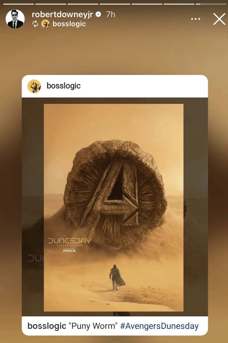 Robert Downey Jr. Instagram Story featuring an Avengers: Dunesday poster