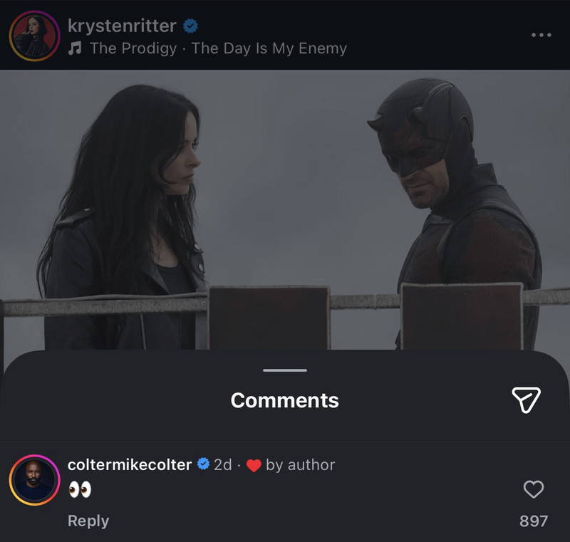 A comment on Krysten Ritter's Instagram post featuring her as Jessica Jones and Charlie Cox as Daredevil in Daredevil: Born Again