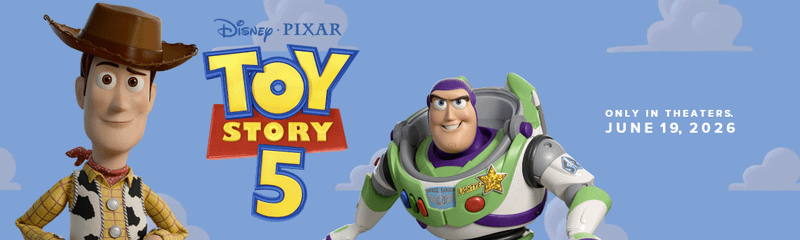 Toy Story 5 banner featuring Woody and Buzz