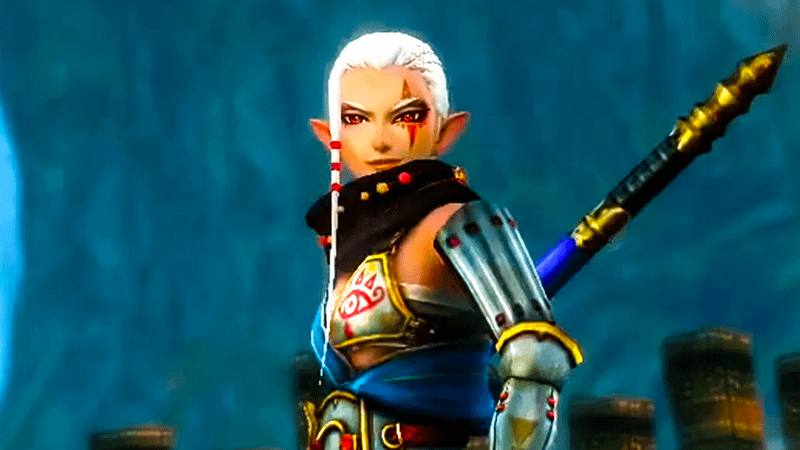 Impa with a staff behind her back in The Legend of Zelda