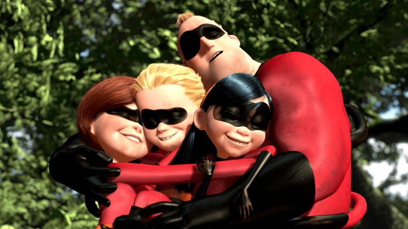 Parr family hugging in The Incredibles.