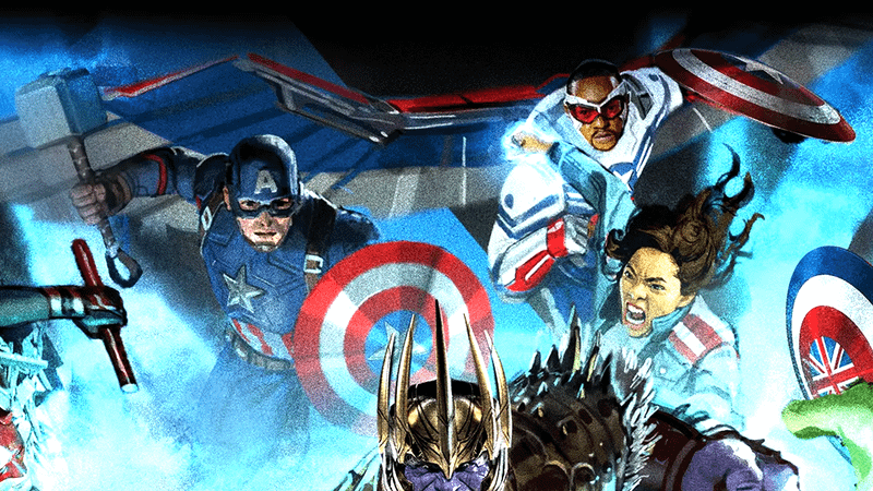 Steve Rogers and Sam Wilson as Captain America in Avengers Infinity Defense artwork