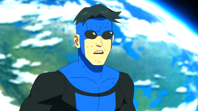 Mark floating in space in his black and blue suit in Invincible 