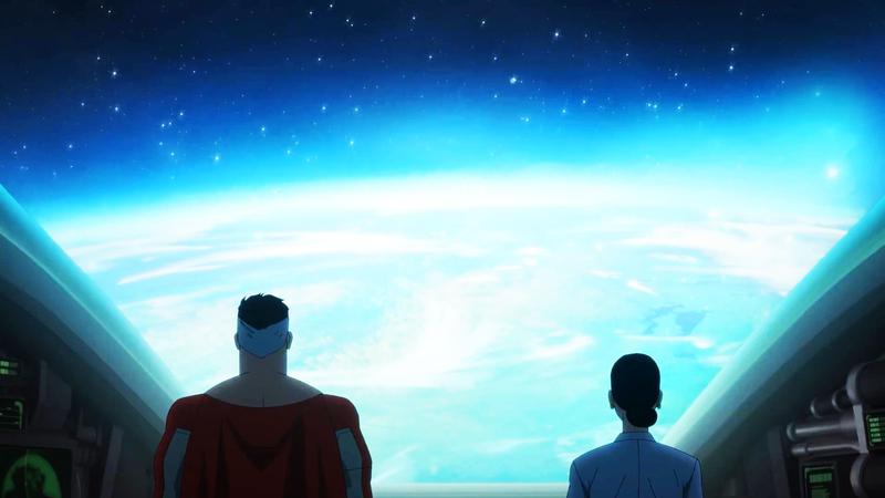 An image from the Invincible series showing Nolan and Debbie, their backs to the camera, as they look at Earth in a spaceship.