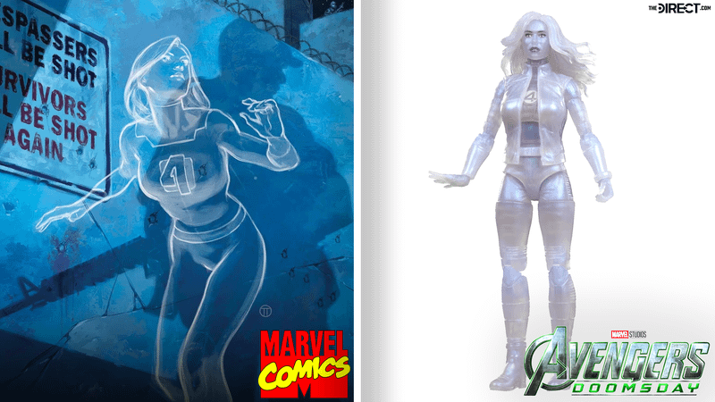Sue Storm going invisible in the comics next to her Avengers: Doomsday action figure.