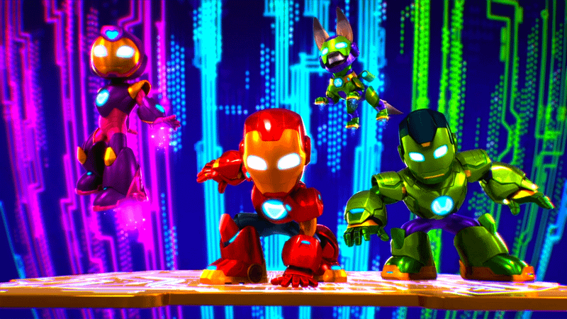 Ironheart, Iron Man, Iron Pup, and Iron Hulk in Iron Man and his Awesome Friends