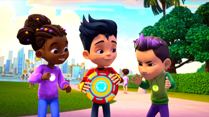 Riri Williams, Tony Stary holding a frisbee, and Amadeus Cho in Iron Man and his Awesome Friends