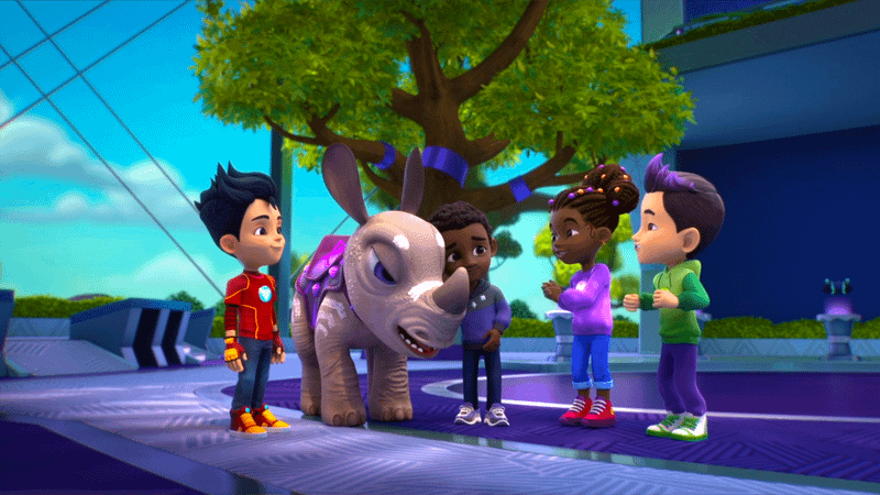 Tony Stark, rhino, T'Challa, Riri William, and Amadeus Cho in Iron Man and his Awesome Friends