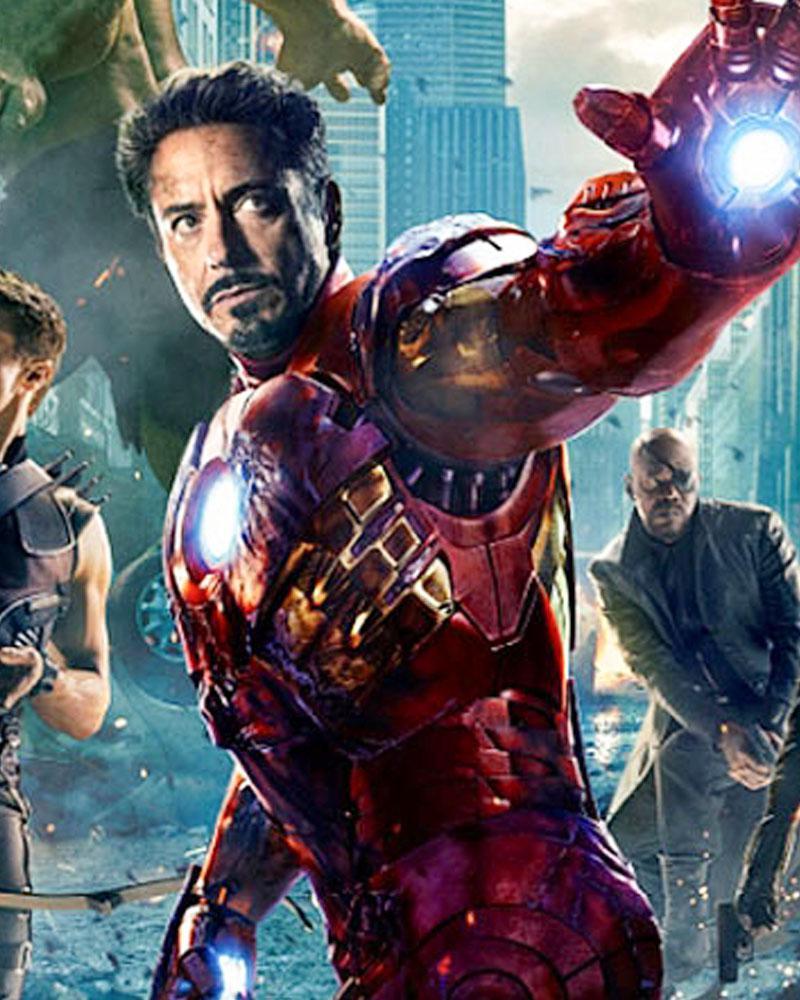 Robert Downey Jr Iron Man on The Avengers poster.