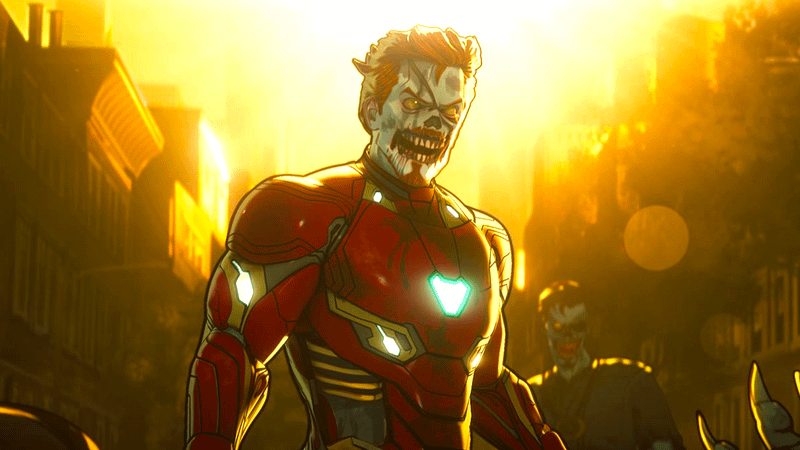 Zombie Iron Man standing in a ruined city in Marvel Zombies