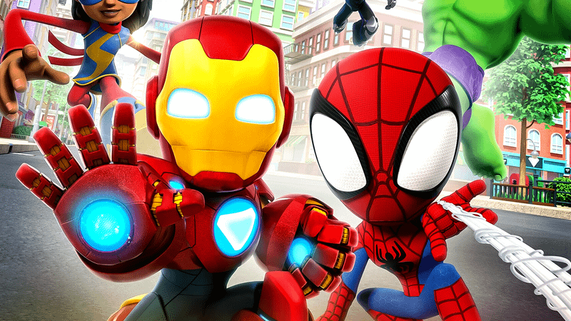 animated Ms. Marvel, Iron man, Spider-Man, Black Panther, and Hulk.