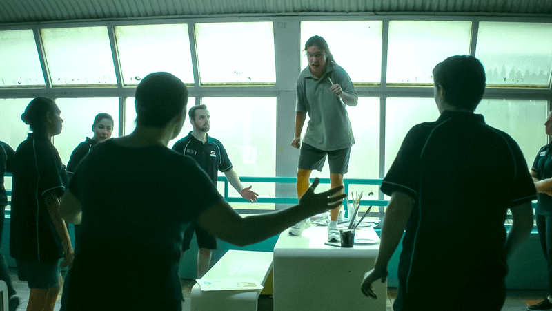 Coco Jack Gillies as Ivy Moon running at a team with a knife in Playing Gracie Darling