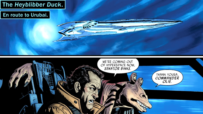 Jar Jar #1 comic panel showing Jar Jar Binks and Commander Olie.