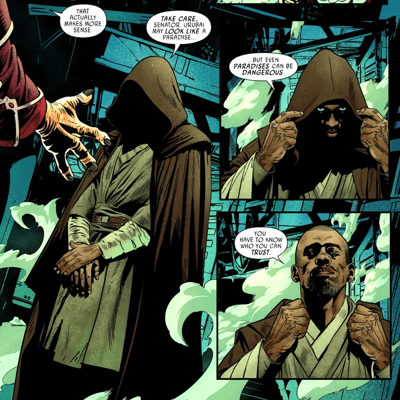 Kelleran Beq exposing Urubai's corruption to Jar Jar in Jar Jar # 1.