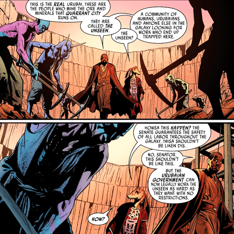 Kerellan Beq showing the truth beind Urubai to Senator Binks in Jar Jar # 1.