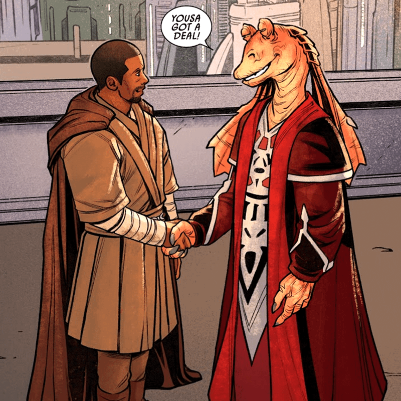 Kelleran Beq & Jar Jar Binks making an alliance in Jar Jar # 1.