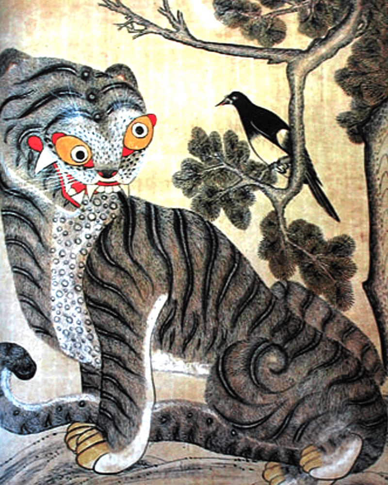 A Minhwa tiger next to a magpie in a painting