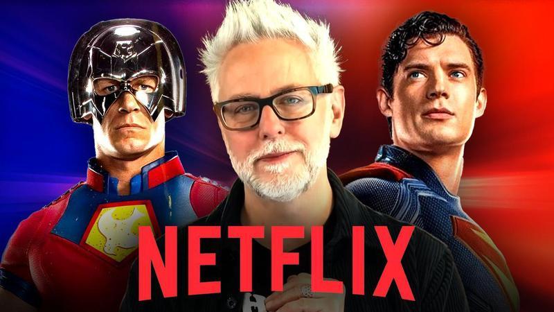 Peacemaker, James Gunn, and Superman with the Netflix logo.