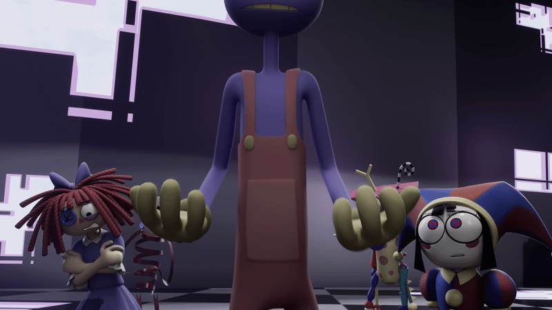 Jax with the other circus members behind him in The Amazing Digital Circus.