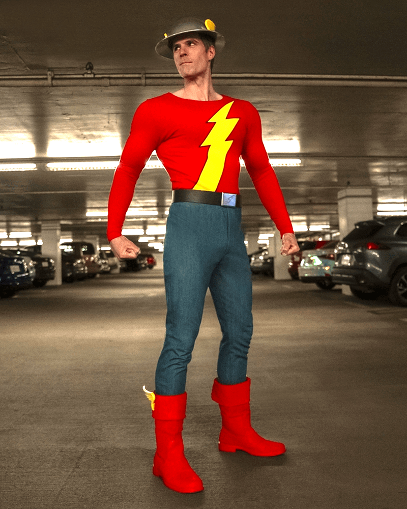 Andy Ridings as Jay Garrick Flash in full costume in Stuart Fails to Save the Universe.