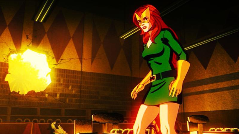 Jean Grey in green miniskirt dress and pointed yellow mask.
