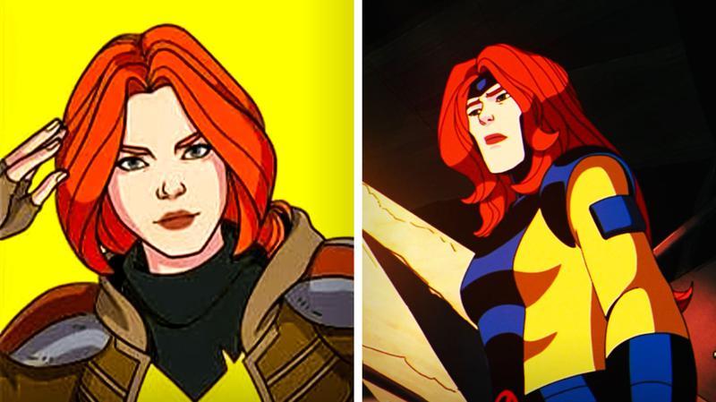 X-Men mutant Jean Grey appears in brown and red costume alongside a classic yellow and blue look.