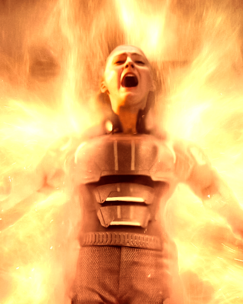 Sophie Turner as Jean Grey with the Phoenix Force in X-Men: Dark Phoenix.