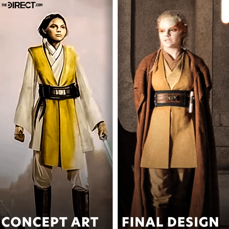 Comparison image of Dafne Keen's full design as Jecki's human form and her hybrid alien version in The Acolyte.