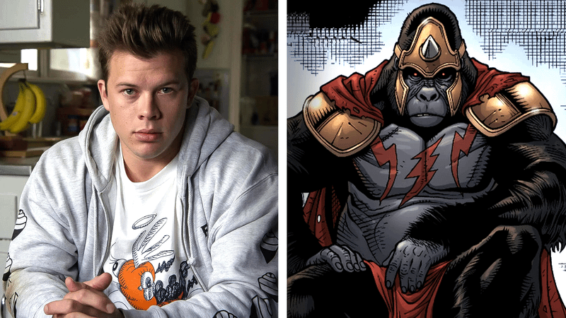 Jimmy Tatro in grey sweatshirt and white shirt, Gorilla Grodd from DC Comics.