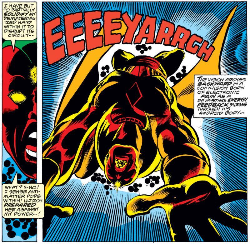 Vision attempting to phase through Jocasta only to be damaged by a countermeasure placed by Ultron in Avengers (1963) #170.