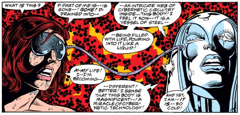 Janet van Dyne's mind being transferred into Jocasta in Avengers (1963) #162.